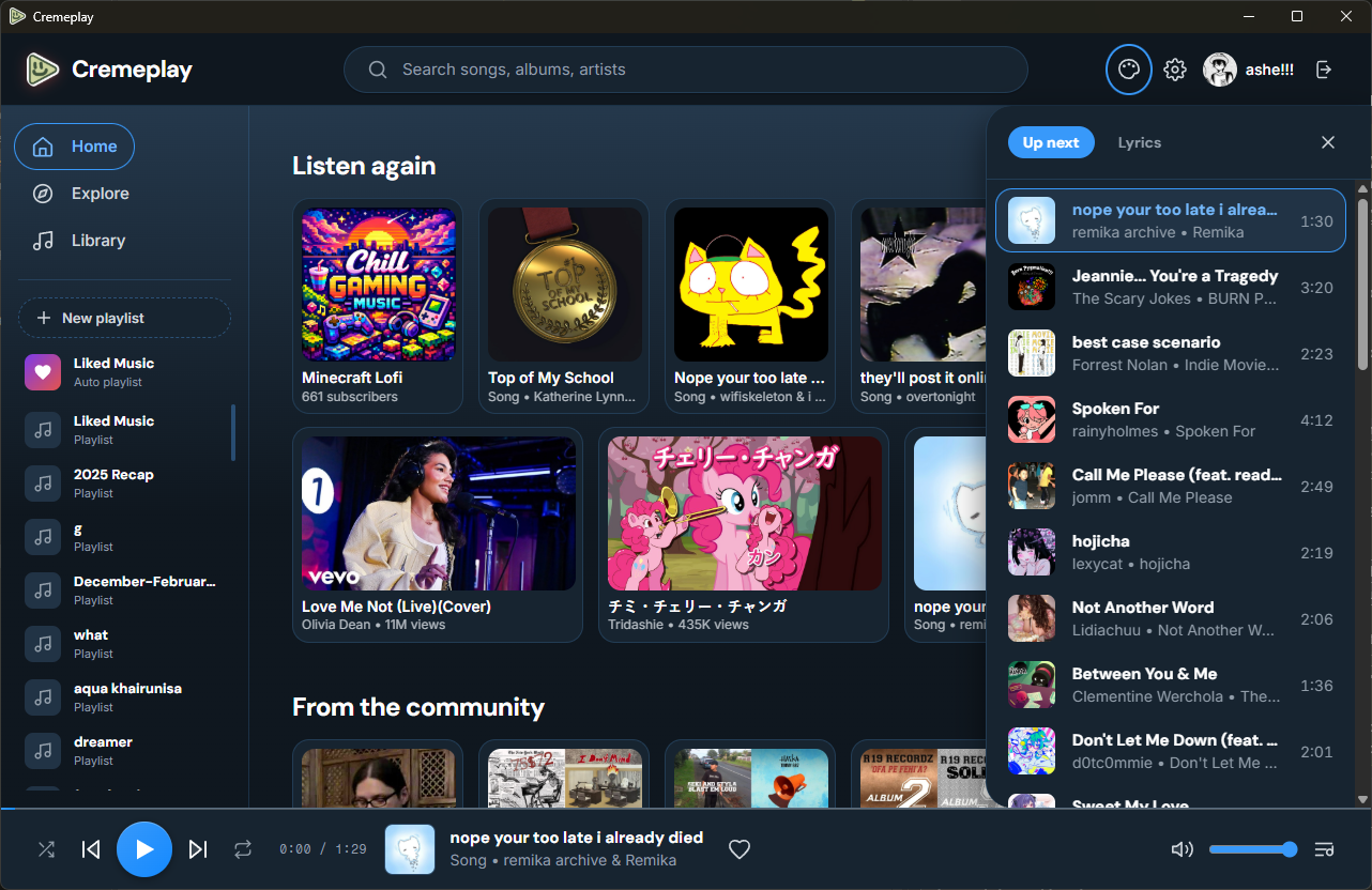 Cremeplay in its dark theme: the Home view with the Listen again grid and the Up next queue open on the right