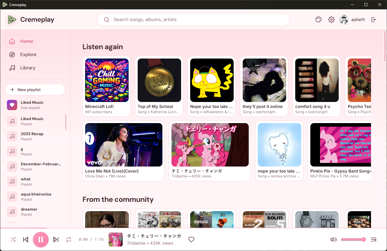 Cremeplay in a pink theme: the Listen again grid of cover art above the now-playing bar