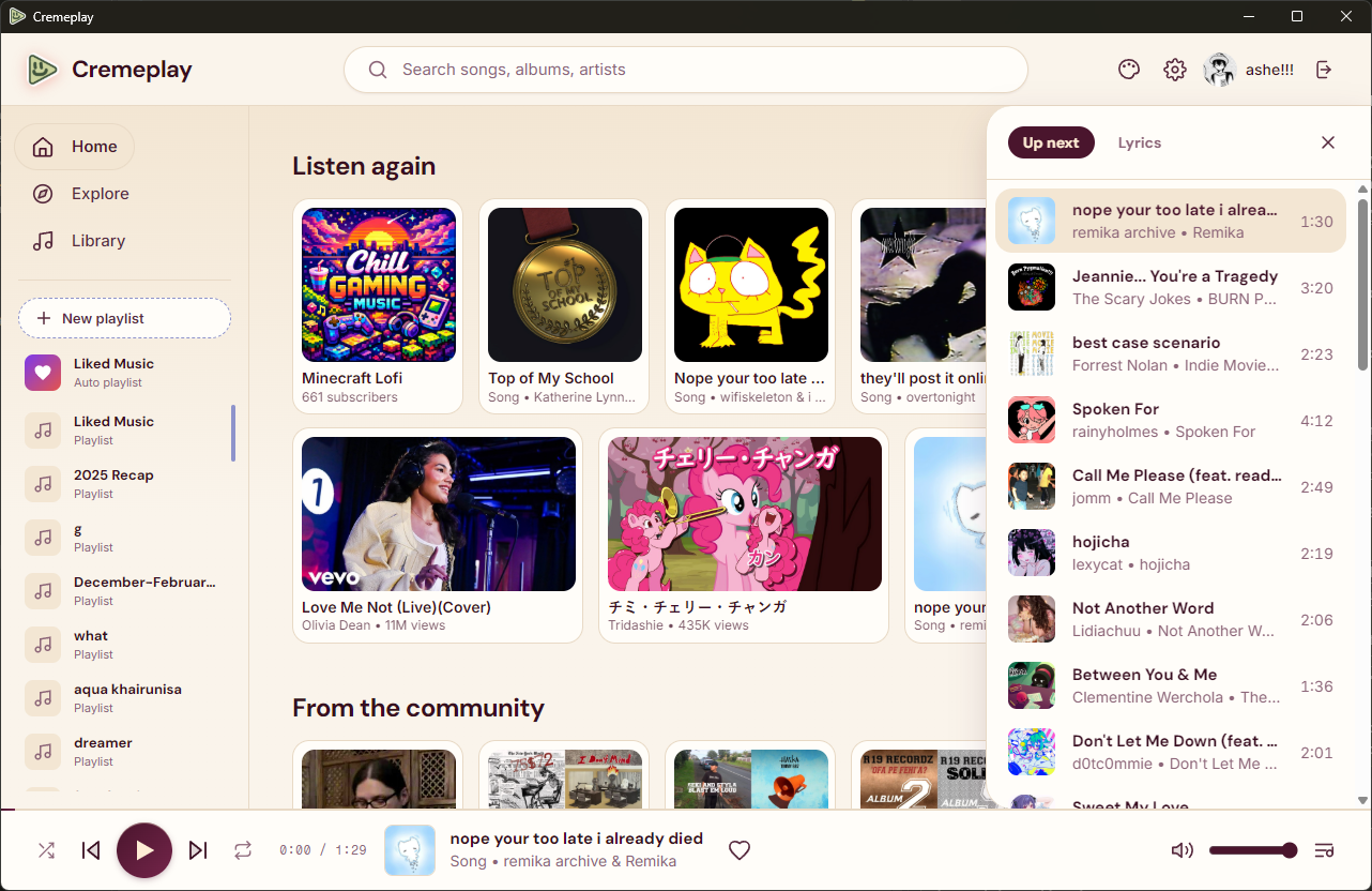 Cremeplay in a cream and gold theme: the Listen again grid with the Up next queue panel open