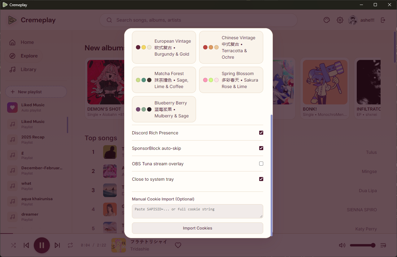 Cremeplay settings: a theme picker above toggles for Discord Rich Presence, SponsorBlock auto-skip, OBS Tuna overlay, tray behaviour and manual cookie import