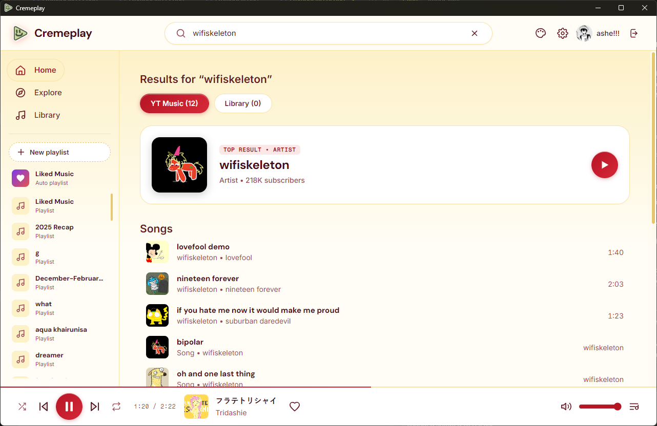 Cremeplay search results for an artist, with YT Music and Library tabs above a track list
